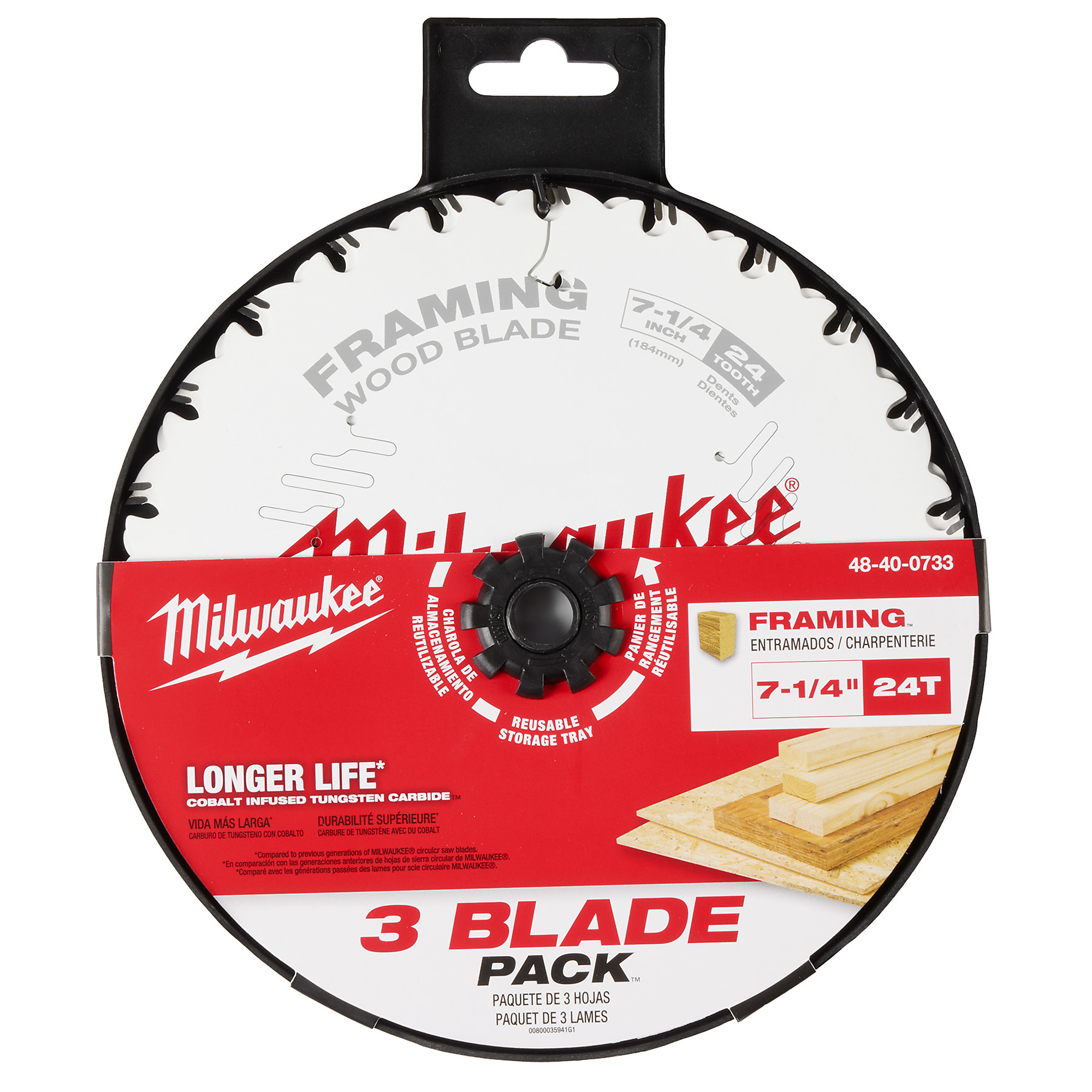 Milwaukee, 7-1/4in. 24T Framing Circular Saw Blade 3PK, Blade Diameter 7 1/4 in, Included (qty.) 3, Model# 48-40-0733